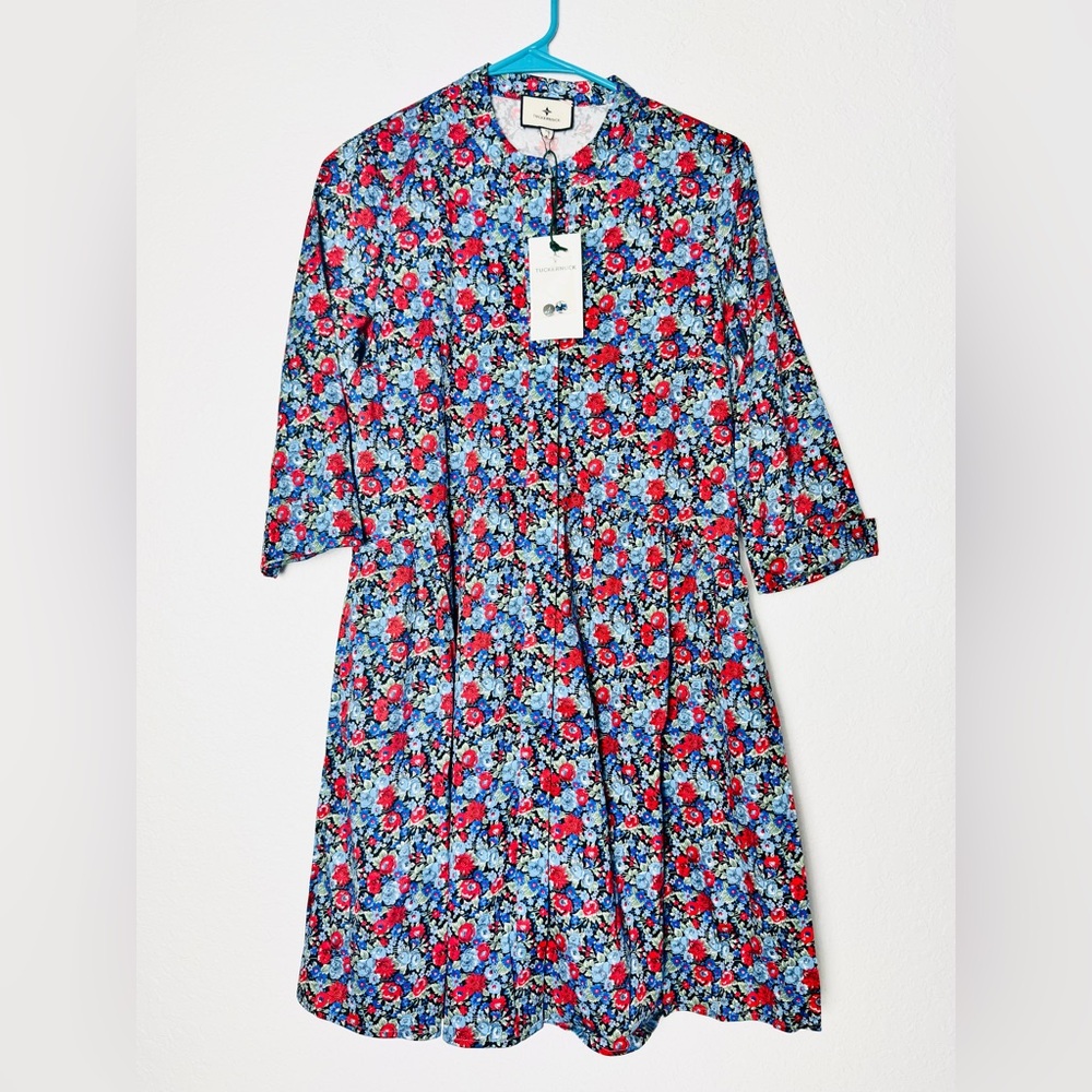 NWT TUCKERNUCK Queens Garden Blue Red Floral ROYAL SHIRT DRESS XS $178 sold